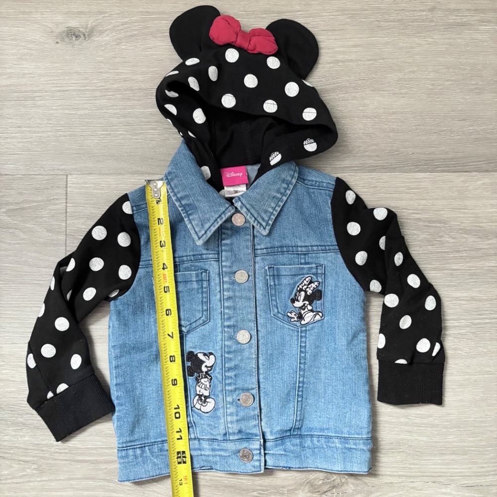 Disney Minnie Mouse Jean Denim Jacket White Polka Dots Minnie Ears Bow Hood 2T - Picture 6 of 11